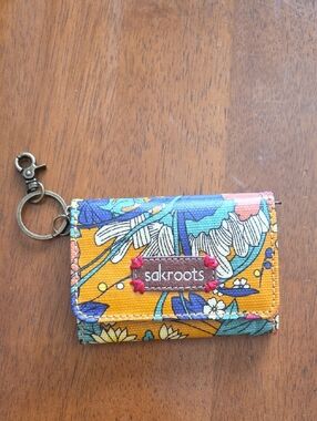 Sakroots Mustard Yellow Floral Key Wallet with Teal and Blue Accents
